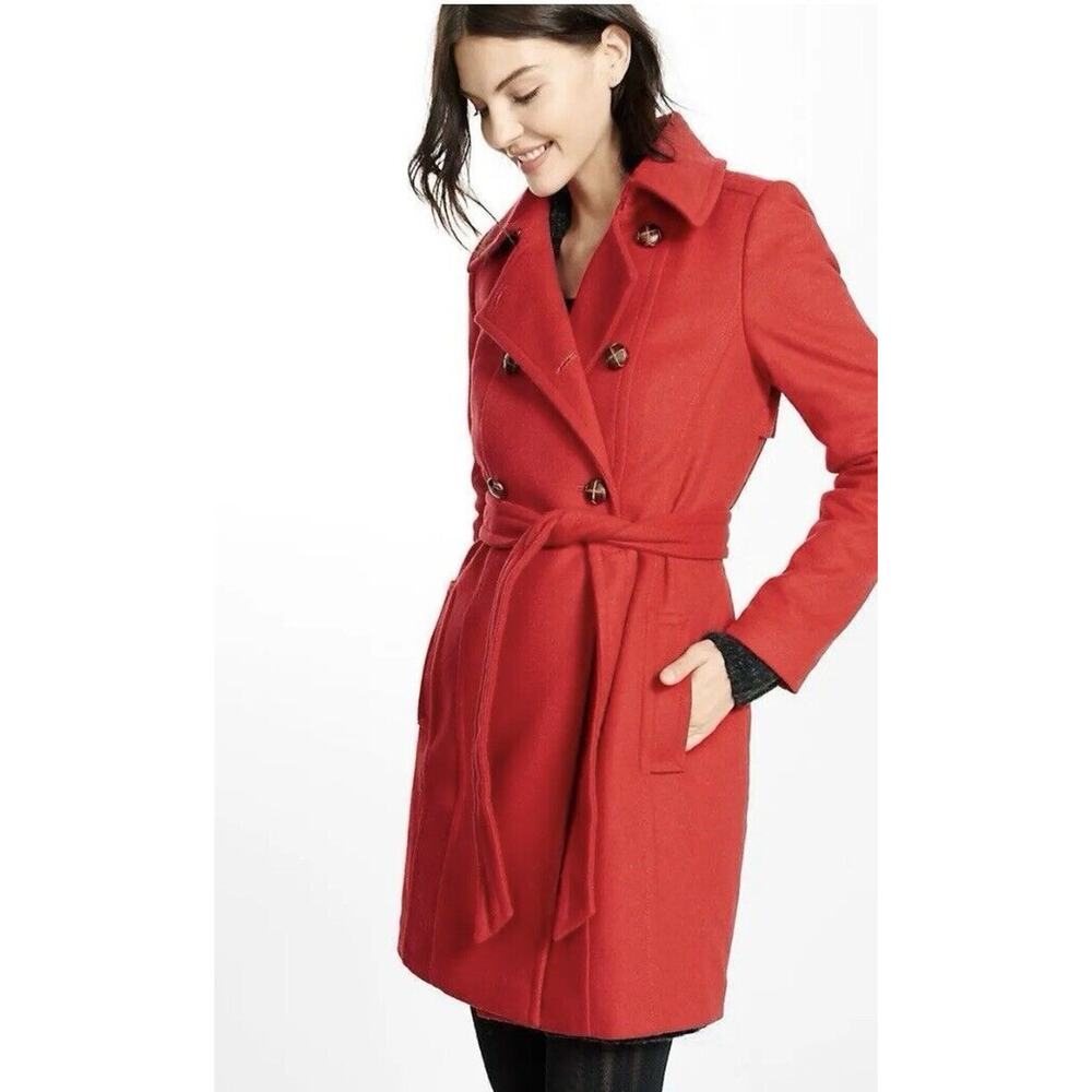 EXPRESS $268 RED WOOL BLEND BELTED TRENCH COAT SZ L LARGE
